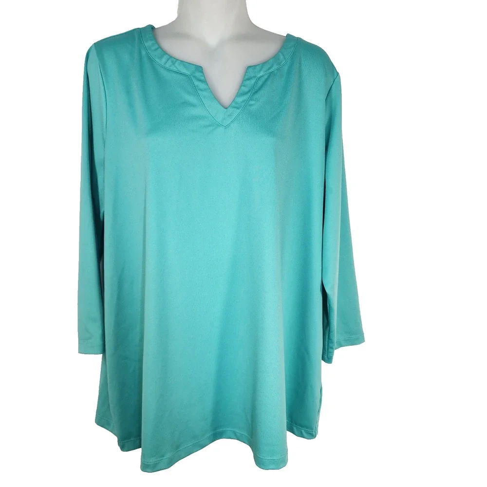 Susan Graver Essentials Top Womens Large Butterknit 3/4 Sleeve Split Neck Green